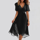 Chiffon Printed Short Sleeve Dress Summer Elegant V-neck Dresses Womens Clothing